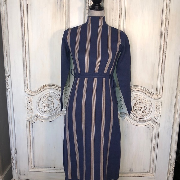 New Fashion Cadet Blue with Cream Strips Mock Neck Self Belts Long Sleeve Dress - Picture 1 of 12